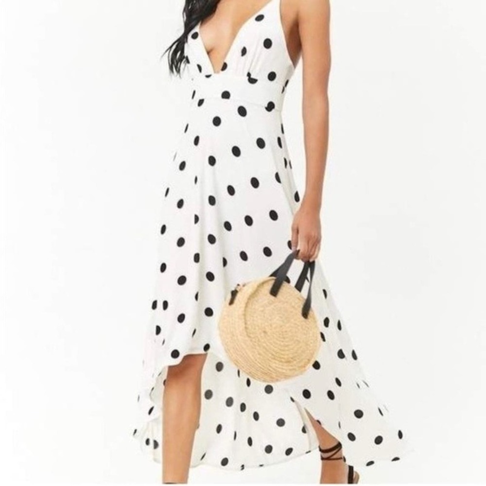 Forever 21 High Low Dress White with Black Polka Dot Size Medium